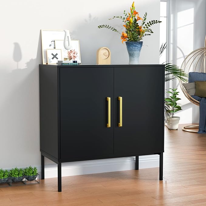 JOZZBY Buffet Sideboard Cabinet with Storage, Modern Wooden Cabinet with Adjustable Shelves, Black and Gold Cabinets for Living Room, Kitchen, Hallway