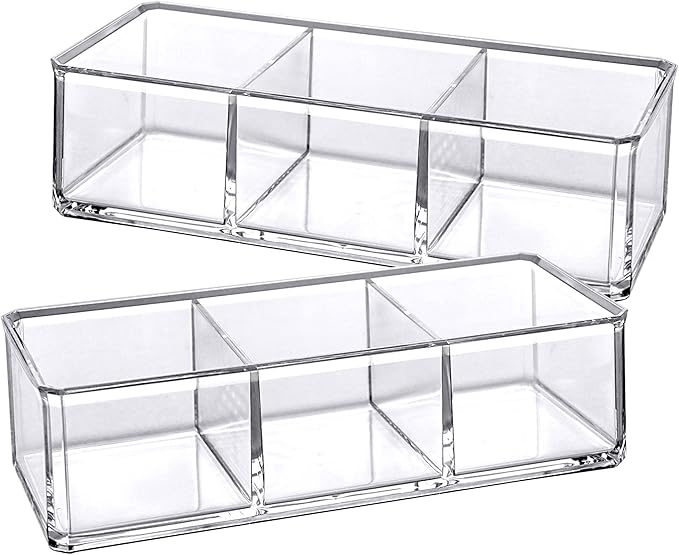 Amazing Abby - Glamour - 2-Pack Acrylic 3-Compartment Makeup Organizer, Transparent Plastic Lipstick Holder, Perfect Bathroom Vanity Storage Solution for Lipsticks, Nail Polishes, and More-NeatNest