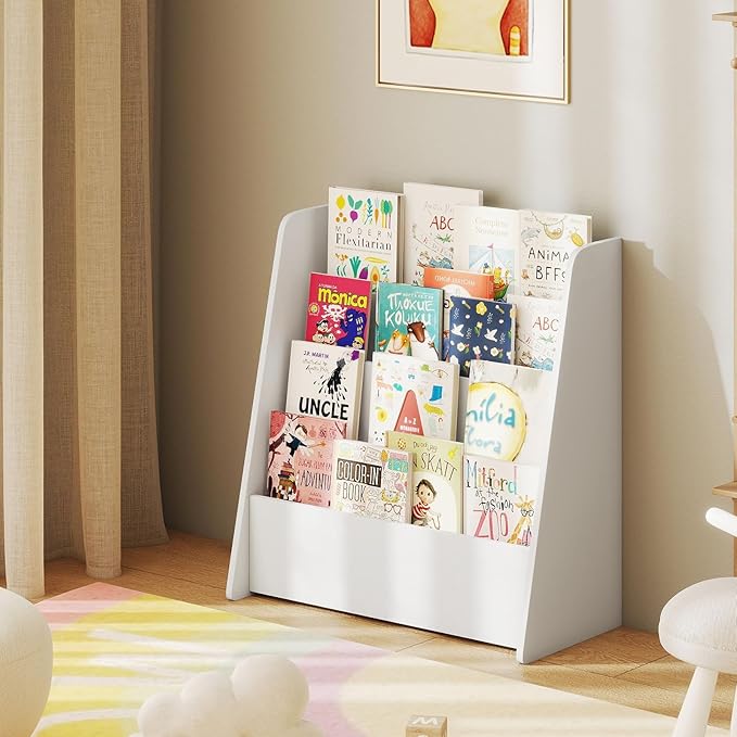GLACER 4-Tier Kids Bookshelf, Wood Toddler Bookcase with Deep Magazine Display Shelf & Back Storage Space, Children Storage Organizer for Nursery, Playroom, Kids Bedroom, Classroom (White)