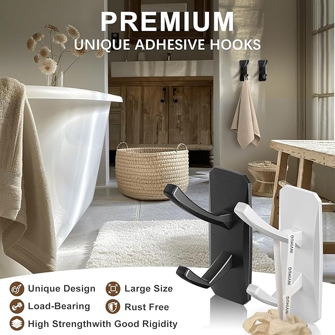 INVIHUG, Large Size Modern Adhesive Wall Hooks, Heavy Duty RV Hooks for Hanging Towel, Robe, Loofah, Coat in Kitchen, Bathroom and Office Wall Mount (4-Packs, Black)