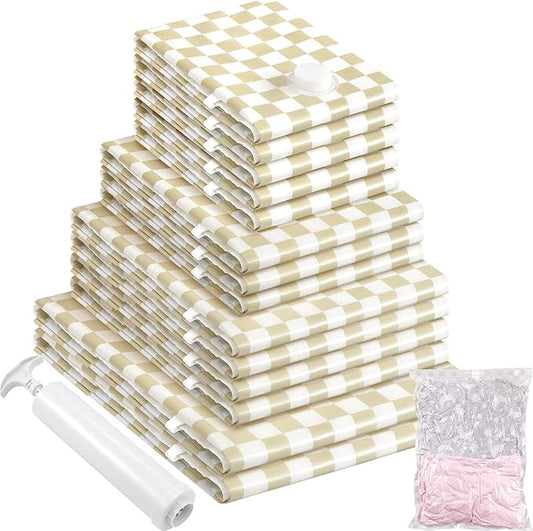 14 Pack Vacuum Storage Bags,Vacuum Seal Bags for Clothing with Hand Pump, 2 Jumbo+4 Large+3 Medium+5 Small, 80% Space Saver Bags for Luggage,Comforters,Blankets, Home Travel Essentials(Khaki Check)-NeatNest