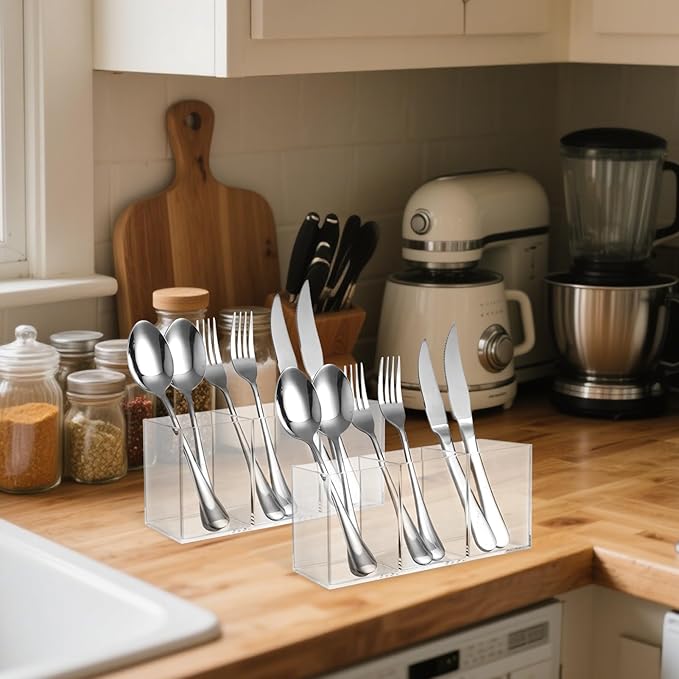 2 Pack Acrylic Cutlery Storage Organizer, Clear Silverware Holder Plastic Utensil Caddy, Cooking Flatware Dispenser with 3 Sections for Kitchen Countertop Cabinet Forks Knives Spoons Organization