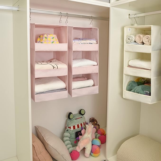 GRANNY SAYS 3 Shelf Hanging Closet Organizers and Storage, Collapsible Closet Storage Organizer with 2 Metal Hooks, Leak-Proof Hanging Shelves for Kids Clothes, Baby Towels, 2 Pack, Pink-NeatNest
