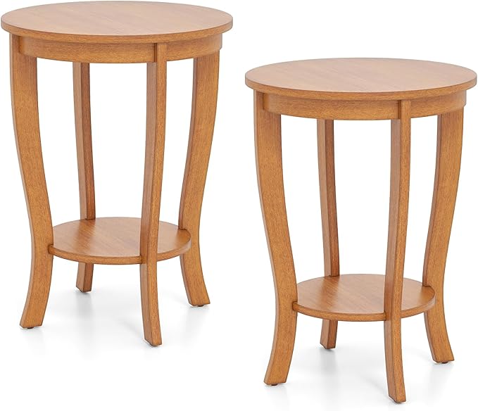 Giantex Round End Table Set of 2, Retro Nightstand with Storage Shelf & Solid Wood Legs, 24.5" Accent Side Table for Small Spaces, Wood Night Stand for Living Room Bedroom, Light Brown