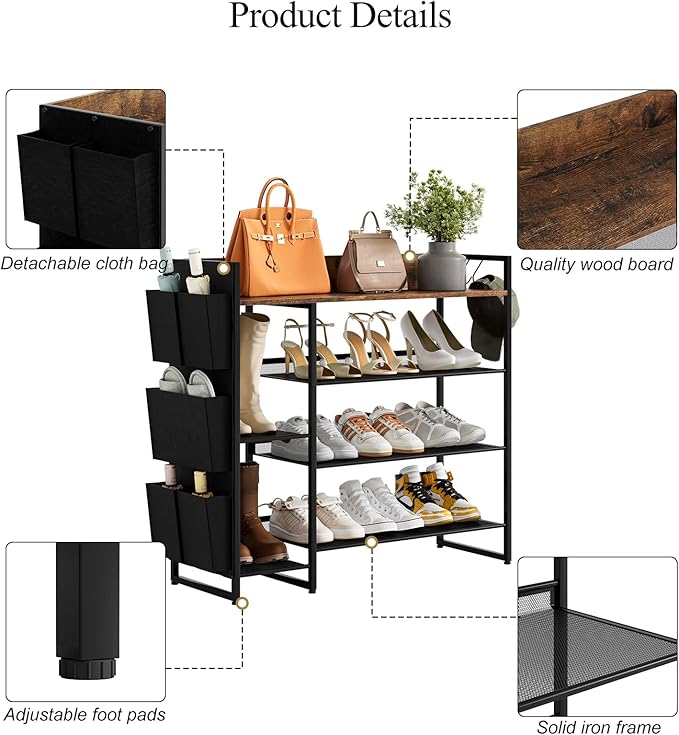 Shoe Racks Bench,Shoe Organizer with Bench for Closet- Free Standing Boot and Shoe Rack with Storage Bag for High Heels, Entryway, Hallways, Closets, Dormitory Rooms,Brown 4-Tier-NeatNest
