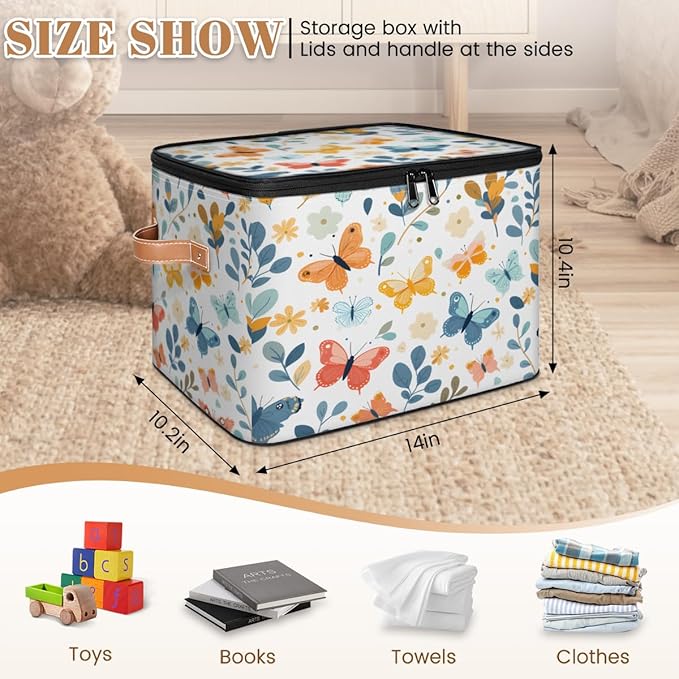 Butterfly Storage Bins with Zipper Lid, Boho Floral Lidded Storage Baskets Boxes Foldable Organizer with Leather Handles for Clothes Closet Shelf Toys-NeatNest