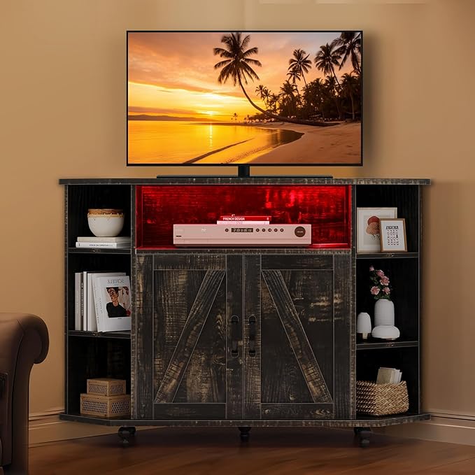 4 EVER WINNER Corner TV Stand with Led Light for 50 Inch TV, Corner Entertainment Center with Open Storage, Adjustable Shelves, TV Stands for Living Room, Bedroom, Rustic Oak-NeatNest