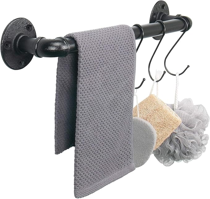 Industrial Pipe Towel Rack Towel Bar, Heavy Duty Wall Mounted Rustic Farmhouse Bath Towel Holder for Bathroom (Black, 16 inch)