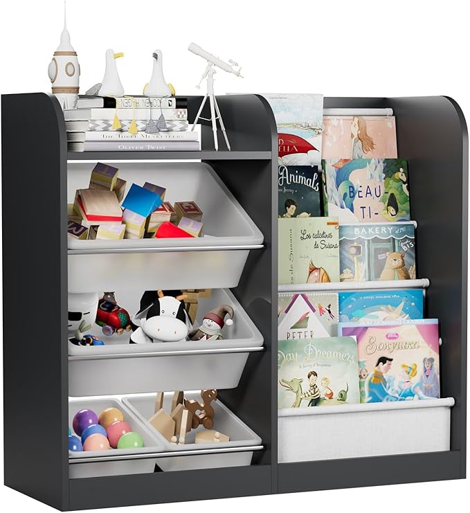 Black Kids Wood Bookshelf Toy Storage Box Organizer Shelf W/4 Removable Plastic Toy Bins Children Bookcase Toddler Baby Sling Book Rack Cabinet Chest Girl Boy Gift Playroom Classroom Bedroom Nursery-NeatNest