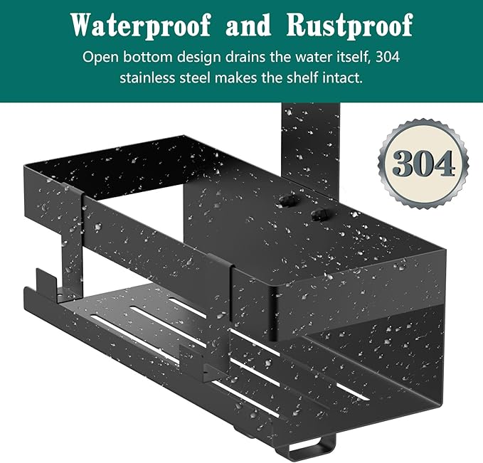 Over The Door Shower Caddy, 304 Stainless Steel Hanging Shower Caddy Rustproof Shower Shelves, No Drilling Hanging Shower Organizer for Bathroom Glass Door, Black