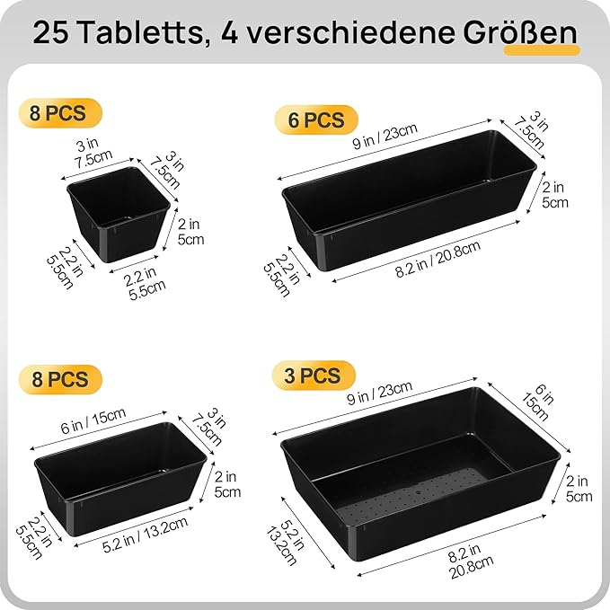 Vtopmart 25 PCS Office Desk Drawer Organizers Set, 4-Size Versatile Plastic Drawer Organizer Trays, Storage Bins for Desk Accessories Office Organizers and Storage, Bathroom, Makeup, Vanity, Black-NeatNest