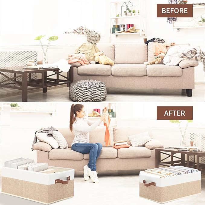 Closet Organizer Bins 3 Pack, Large Storage Bins for Shelves, Foldable Closet Storage Boxes Baskets with Leather Handles for Organizing Clothes, Sheets, Jeans, Toys, Books（Begie）-NeatNest