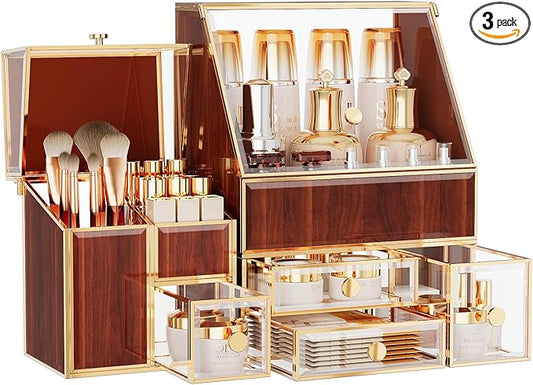 Glass Makeup Storage for Vanity and Bathroom Countertop – Large Cosmetic Display Case and Skincare Storage Solution