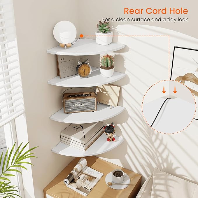 Homode Corner Floating Shelves, Set of 4 Round Corner Shelf Wall Mount with Cord Hole, 12 Inch Wood Curved Hanging Shelf for Cable Box, Speaker, TV Cords, Books, Plants, White