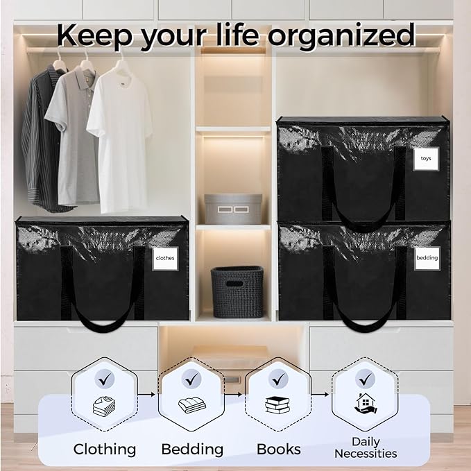 16 Pack Extra Large Heavy Duty Moving Bags, Black Storage Bins with Lids, Reinforced Handles & Heavy-Duty Zippers Moving Boxes Storage Bags Totes for Clothes Packing, Dorms, College Supplies, Black
