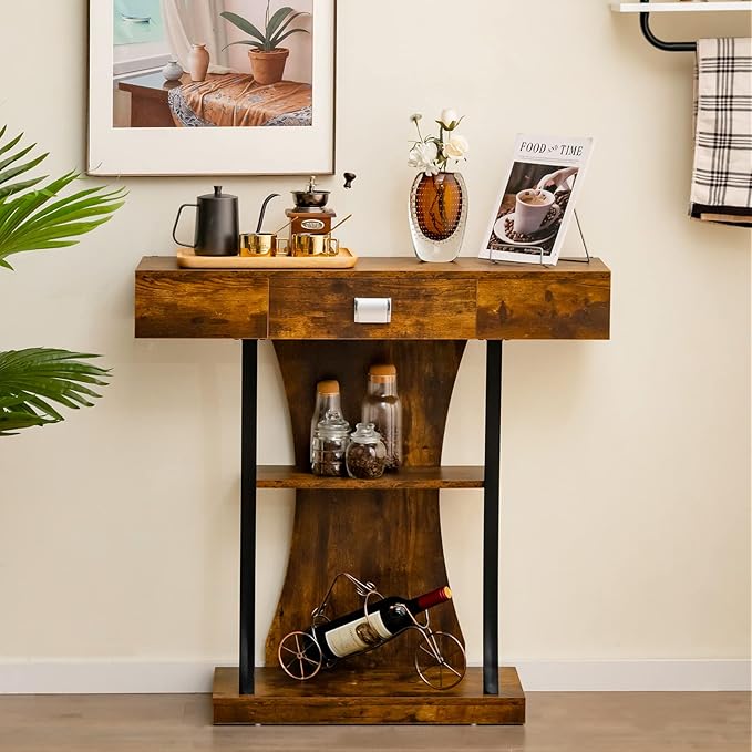 Giantex Narrow Console Table T-Shaped - Behind Couch Table with Drawer, Shelves, Dual Anti-Tipping Kits, Modern Foyer Table, Sofa Side Table for Living Room, Entryway, Hallway, Entry Table (Brown)-NeatNest