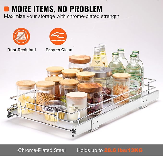 VEVOR 12.5"Wx21"Dx3.5"H Pull Out Cabinet Organizer, Heavy Duty Slide Out Pantry Shelves, Chrome-Plated Steel Roll Out Drawer, Drawer Storage for Home Under Sink, 14"Wx22"Dx7"H Install Size for Cabinet-NeatNest