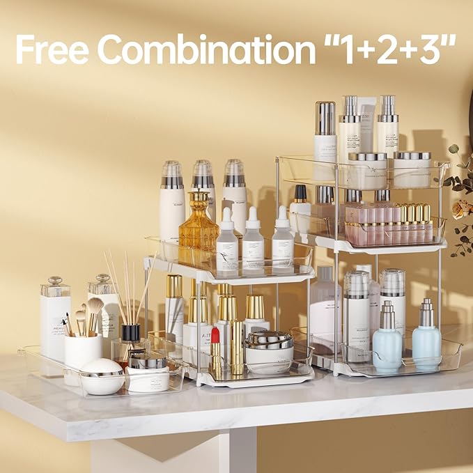 Delamu 2 Sets of 3-Tier Bathroom Under Sink Organizers and Storage, Multi-Purpose Stackable Pantry Organization and Storage, Pull Out Clear Kitchen Bathroom Cabinet Organizer with Movable Dividers-NeatNest