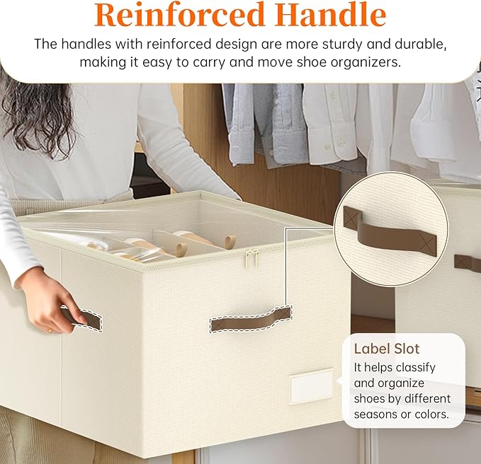 Shoe Organizer for Closet, 2 Pack Shoe Organizer with Clear Cover, Closet Shoe Storage Containers w/Adjustable Dividers, Foldable Storage Bins for Shoes, Fits 16-32 Pairs, Beige-NeatNest