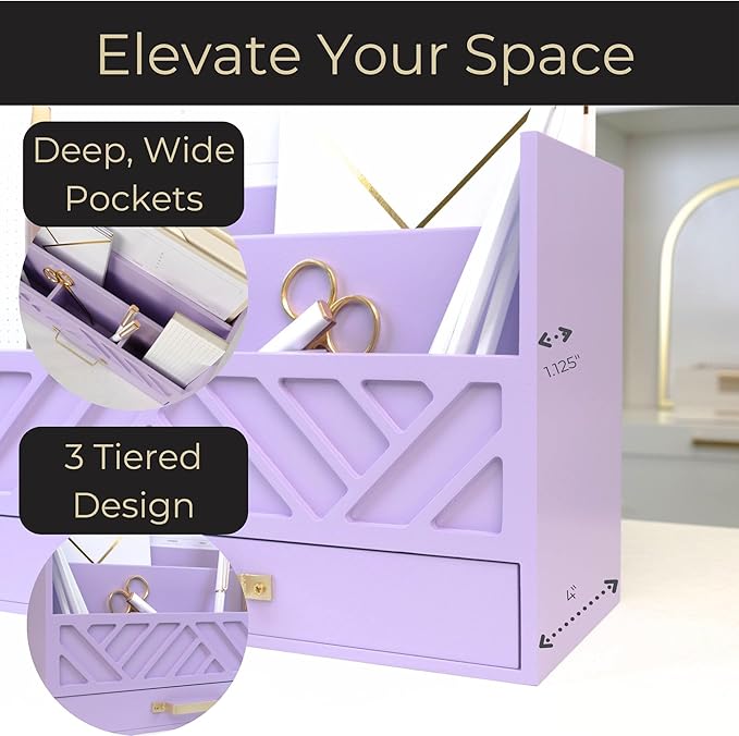 BLU MONACO Mail Organizer Countertop Kitchen - Purple Wood Desk Storage with Drawer - Mail Sorter or Bill Holder for Desk - Farmhouse Accessories & Mail Basket for Counter-NeatNest