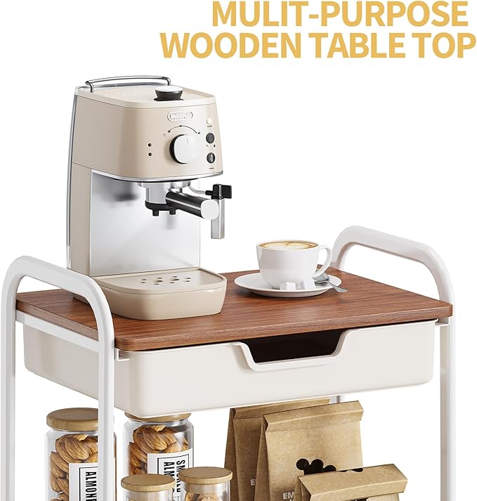 TOOLF 3-Tier Metal Utility Rolling Cart with Drawer & Wooden Table Top, Storage Cart White Trolley Kitchen Organizer Rolling Desk with Locking Wheels for Office, Classroom, Dorm, Bedroom-NeatNest