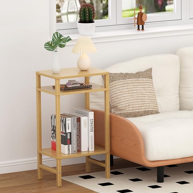 28in Tall Bamboo Side Table 3-Tier Small Narrow End Table, Skinny Nightstand for Small Space, Farmhouse Slim Night Stand with Storage for Couch, Wooden Thin Bedside Table, Natural
