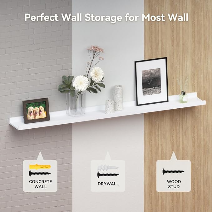 47.2 Inches Long Floating Shelves, 2 Set Modern Wall Shelf for Bedroom, Nursery Book Shelf with Lip, Picture Ledge Shelf for Wall Decor Living Room Bathroom Kitchen - White-NeatNest