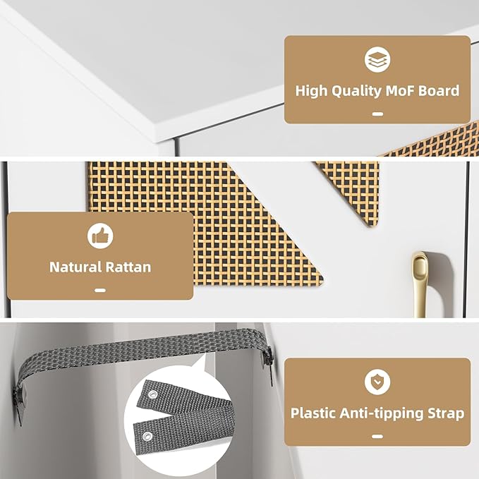 Buffet Cabinet White with Storage, Rattan Sideboard with Doors & Shelves, Accent Buffet Console Table 32.9" Media Console Mid Century Coffee Bar Table for Living Room Kitchen Dining Room-NeatNest