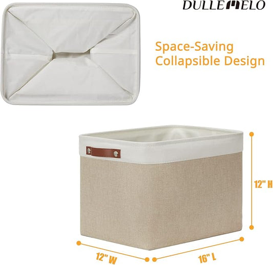 DULLEMELO Storage Baskets Large 16"x12"x12" Tall Rectangular Baskets Fabric Storage Bins for Organizing [1 Pack] Collapsible Linen Shelf Baskets for Clothes, Toys, Closet, Laundry (White&Khaki)-NeatNest
