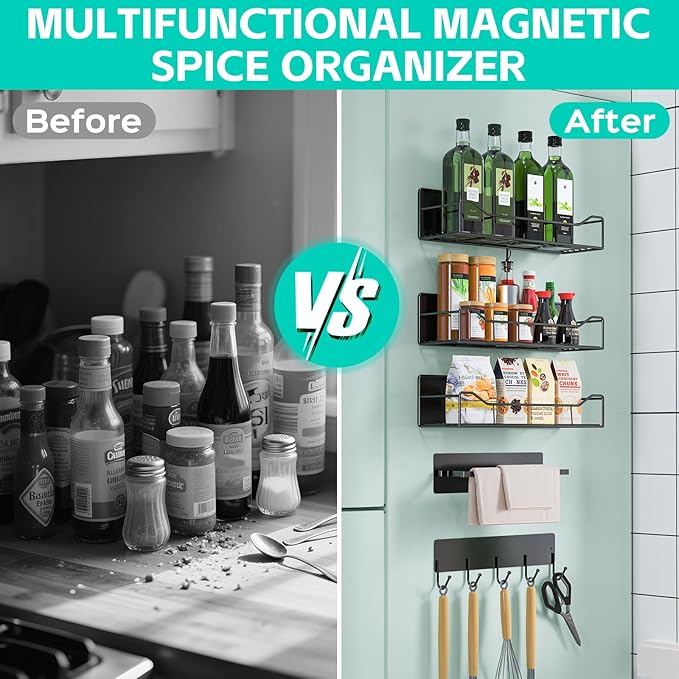 5 Pack Multifunctional Magnetic Shelves for Washing Machine & Refrigerator - Heavy Duty Laundry Room Organization System with Tool Hooks, Metal Storage Baskets (Black)