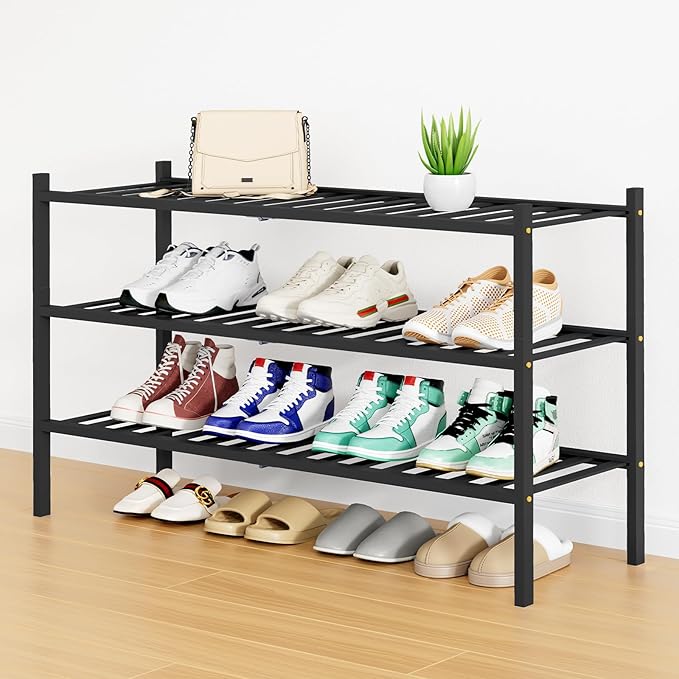 Smiry Shoe Rack, 3 Tier Long Bamboo Shoe Organizer, Stackable Free Standing Wooden Shoe Storage Shelf for Closet, Entryway, Front Door Entrance, Black-NeatNest