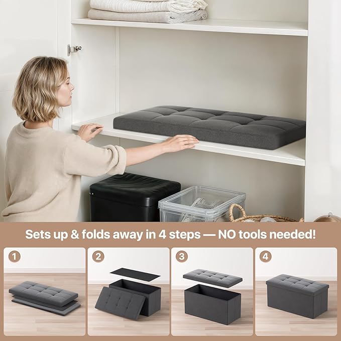 Ottoman Folding Storage Bench, 30x15x15 Inch, Foot Rest Stool for Living Room, Bedroom, Entryway, End of Bed - Multi-Functional Ottoman with Storage Dark Gray
