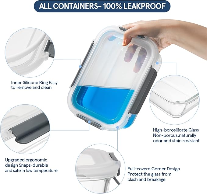 GC [10-Pack] Glass Meal Prep Containers with Lids, Food Storage Containers with Snap Locking Lids, Airtight Lunch Containers, Microwave, Oven, Freezer and Dishwasher