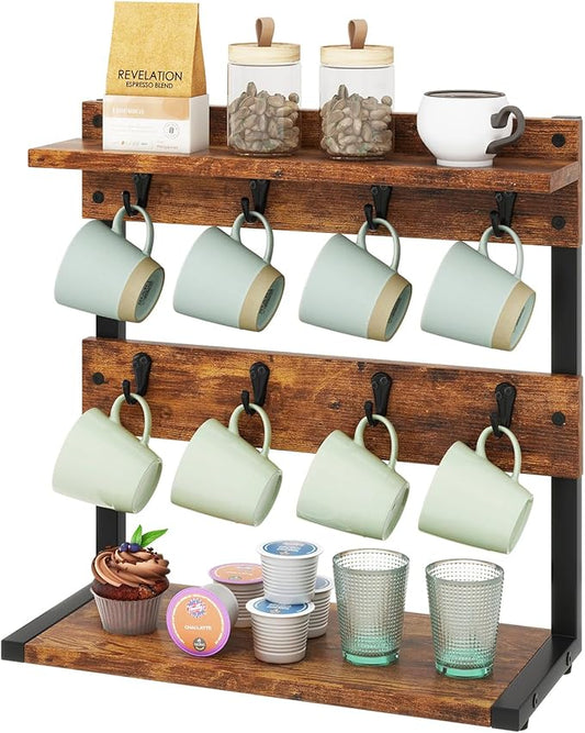 IBUYKE Rustic Coffee Mug Holder Stand, 2 Tier Countertop Mug Tree Holder Rack with Storage Base, Vintage Mug Holders for Kitchen, Holds 8 Mugs, Rustic Brown UTBJ002H-NeatNest