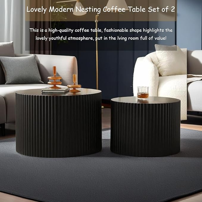Modern Round Nesting Coffee Table Set of 2, Vertical Stripe Design Drum Coffee Table Cocktail Table, Round Side Table for Living Room, Bedroom, Office, Balcony (D15.0+18.9")