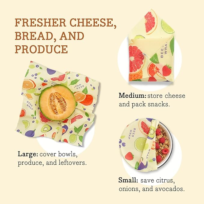 Bee's Wrap Beeswax Wraps for Food - Fresh Fruit 3 Pack (S, M, L) Made in USA Reusable & Organic Food Wraps, Sandwich Wrap & Bowl Covers - Eco-Friendly Alternative to Aluminum Foil & Plastic Wrap-NeatNest