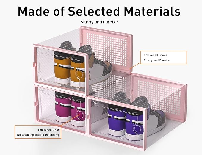 Kuject X-Large Shoe Storage Boxes Organizers Clear Plastic Stackable 12 Pack, Shoe Rack & Holder Substitute, Sneaker Containers, Toy Storage Organizer Bins for Entryway, Closet, Under Bed, Pink-NeatNest