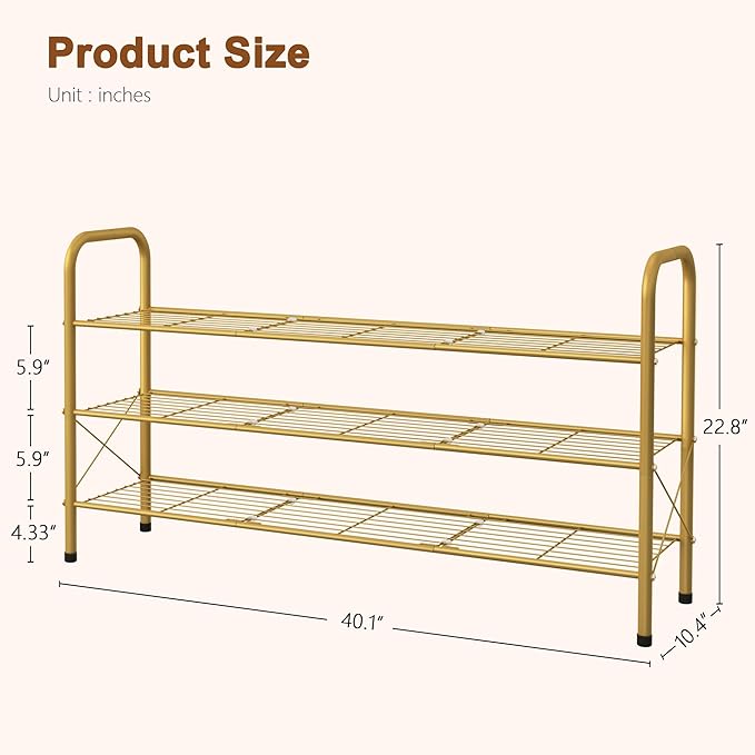 Hoctieon 3 Tier Mesh Style Shoe Rack, Entryway Shoe Shelf, Shoe Storage Organizer, Shoe Rack for Closet, Space Save for Bathroom, Garage, Hallway, Bedroom, Living Room, Gold-NeatNest
