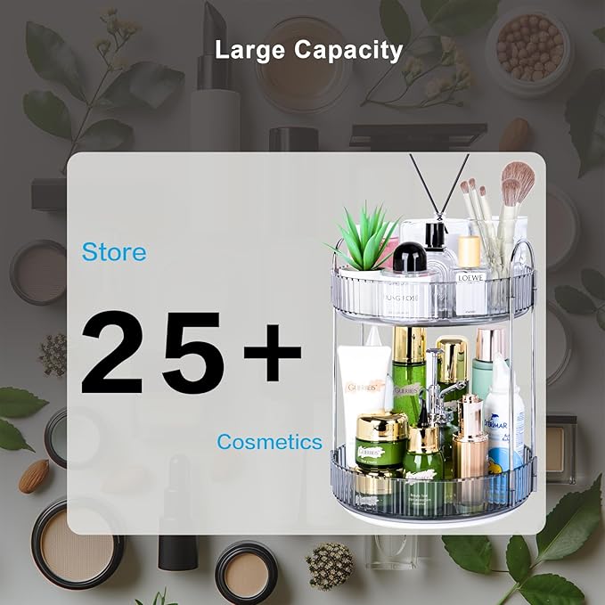 360 Rotating Makeup Organizer, 2 Tier Lazy Susan Bathroom Organizer, Easy to Install, Ideal Storage for Perfume, Skincare, Cosmetic, Dresser or Vanity Countertop (Classic Grey, 2 Tier)-NeatNest