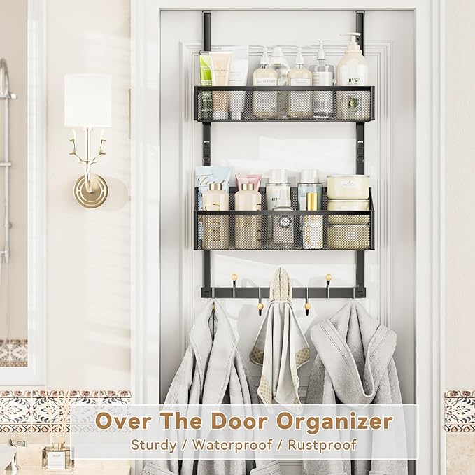 Over The Door Hooks Organizer: Hanging Back of Door Storage Organizer - Waterproof Heavy Duty Door Hanger Towel Rack with 7 Coat Hooks and 2 Mesh Baskets for Bathroom Bedroom and Kitchen (Black)