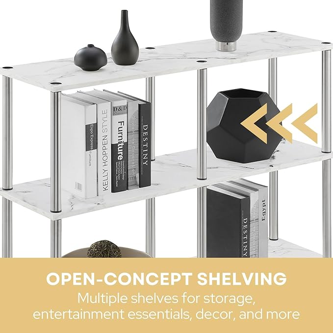 Convenience Concepts Designs2Go No Tools 3 Tier Wide Console Table 42" - Modern Accent with Shelves for TV Media Center, Office Desk Extension, Entryway Display, & Home Storage, White Faux Marble-NeatNest