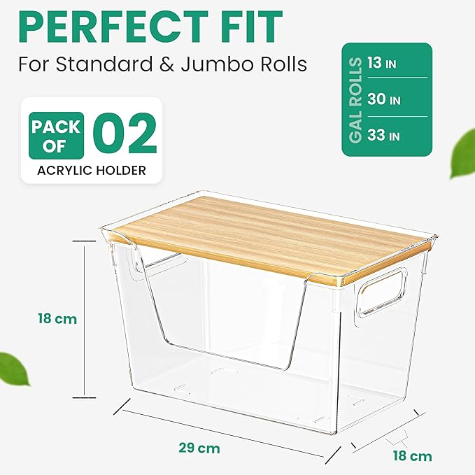 2 Pack Extra Large Trash Bag Holder Dispenser with Bamboo Lid – Stackable Design & Easy-Dispense Slot with Side Handles, Garbage Bag Dispenser for Pantry and Under-Sink Storage (11.4 × 7.1 × 7.1 in)