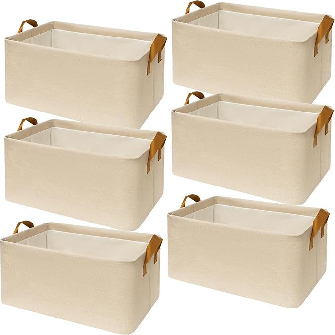 6 Pack Closet Cloth Storage Bins for Shelves,Large Storage Baskets for Shelves, Fabric Bins for Closet organization with Handles（ Beige 17''L x 12.6''W x 7.5''H）-NeatNest