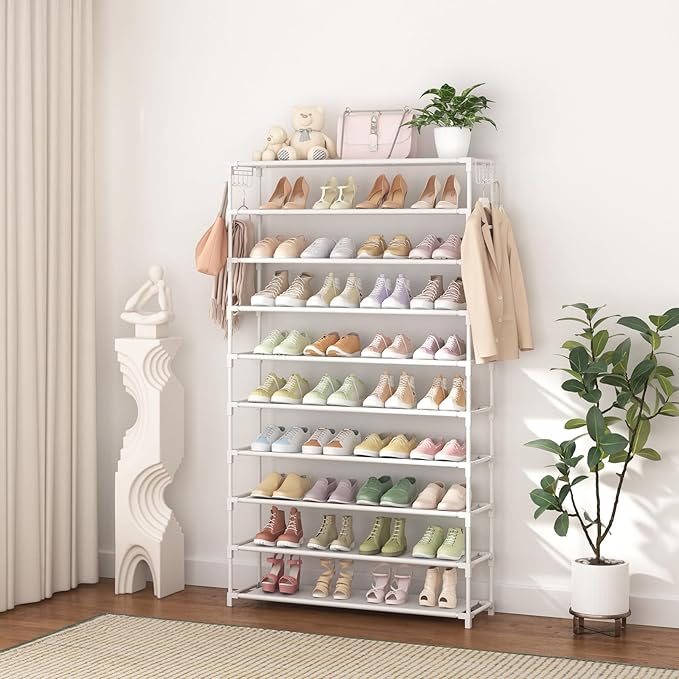 10 Tiers Shoe Rack 50 Pairs Large Capacity Tall Shoe Organizer Sturdy Shoe Storage with Two Hooks Space Saving Metal Wide Shoe Rack for Closet, Entryway, Bedroom, White-NeatNest