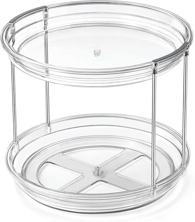 2 Tier Lazy Susan Organizer, 9.25'' Lazy Susan Turntable for Cabinet, Stackable Turntable Organizer Rotating Spice Rack Organization for Kitchen Countertop, Pantry, Bathroom, Clear-NeatNest
