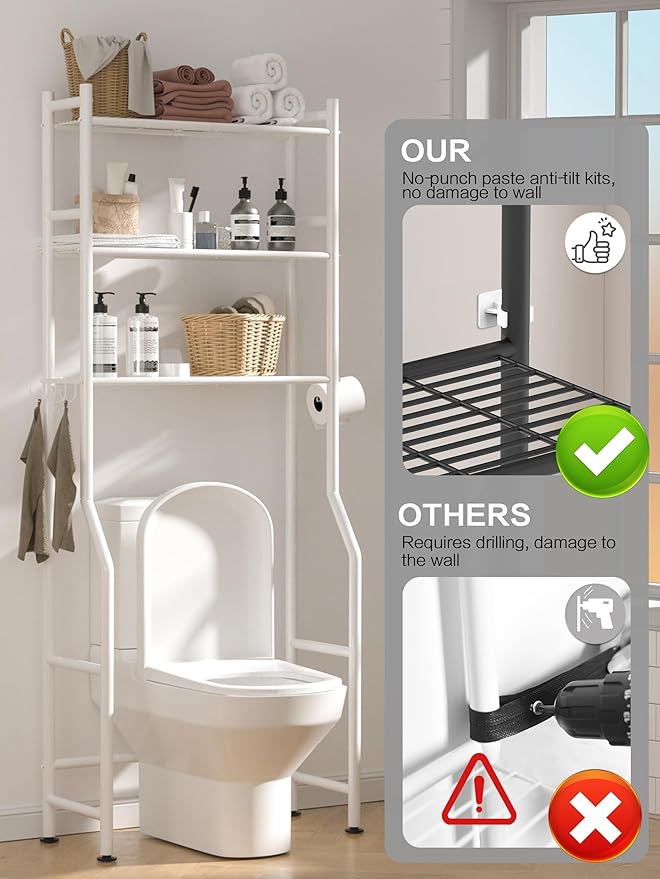 3-Tier Over The Toilet Storage, Space Saver Metal Bathroom Shelves, Freestanding Above Over Toilet Storage Shelf with 4 Hooks for Bathroom, White-NeatNest