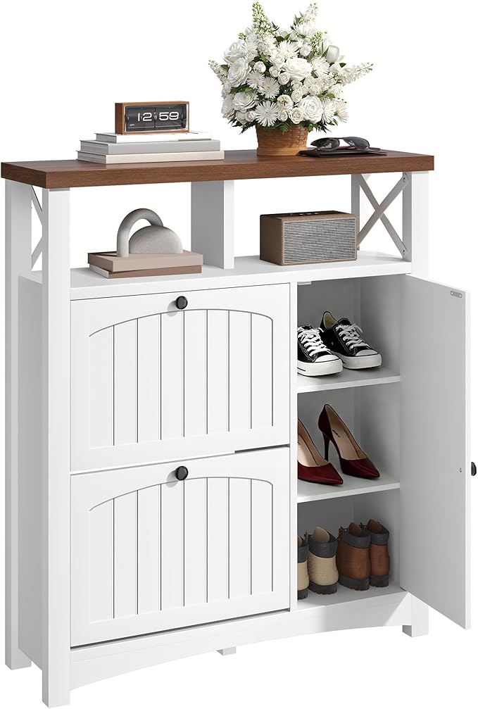 DWVO Farmhouse Shoe Cabinet with 2 Flip Drawers, Wood Shoe Rack w/Door, Entryway Shoe Organizer with Open Storage & Adjustable Shelves, Rustic Hidden Shoes Storage Cabinet for Foyer, Hallway, White-NeatNest