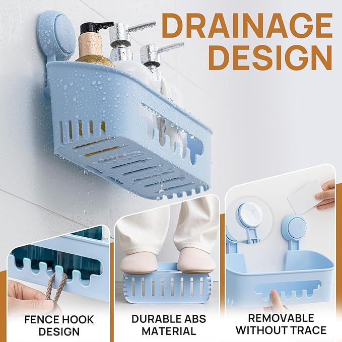LEVERLOC Shower Caddy Suction Cup 2 Pack, Shower Organizer Removable Bathroom Shelf, Storage Suction Powerful Max Hold 22lbs Bathroom Caddy Waterproof Holder, Blue-NeatNest