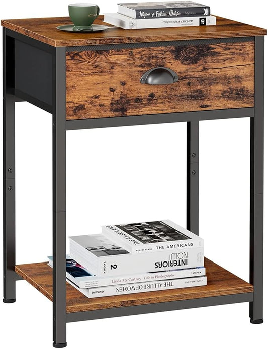 Furologee End Table with Storage Shelf and Fabric Drawer, 2 Tiers Industrial Nightstand, Bedside Table Organizer for Living Room Bedroom, Rustic Brown, Easy Assembly