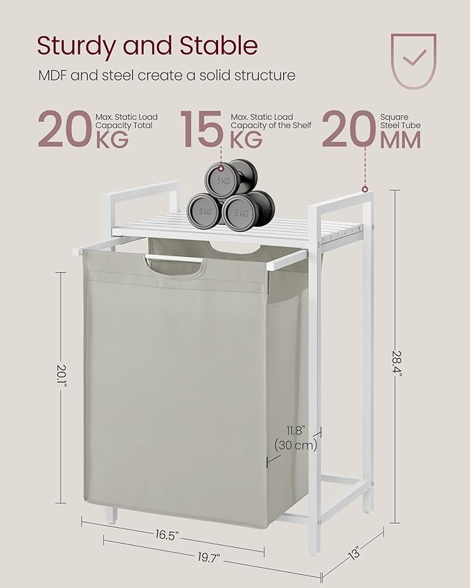 VASAGLE Laundry Hamper, Laundry Basket, Laundry Sorter with A Pull-Out and Removable Bag, Shelf, Metal Frame, 17.2 Gallons (65 L), 19.7 x 13 x 28.4 Inches, White UBLH101W01-NeatNest